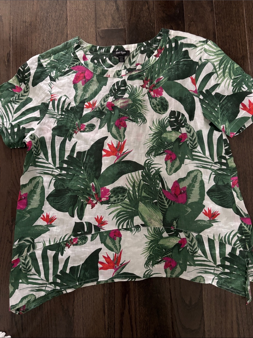 Lord & Taylor linen blouse,green/white/pink tropical print,short sleeve,size L
